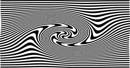 Poster - Optical Art with Twist Striped. Background Abstract Line Black and White Color. Swirl Hypnotic Pattern. Vector illustration.