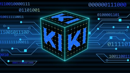 Fototapete - Concept of Visualization of Artificial Intelligence - KI letters in the Cube on binary code background in blue design - 3D Illustration