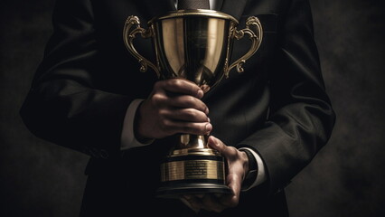 businessman holding trophy , success and achievement award in business concept with generative ai .