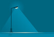 Electric streetlight lamp pole illumination at night time in the park on dark blue background flat icon vector design.