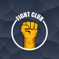 fight club vector logo with orange man fist isolated on crystal grey background. MMA Mixed martial arts concept design template. Fight club icon design template