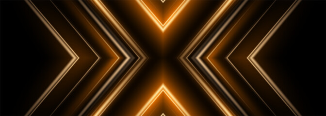 Wall Mural - Futuristic black and orange abstract gaming banner with arrow shapes. Vector illustration