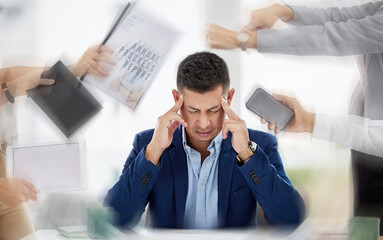 Poster - Hands with paperwork, headache or stressed businessman working with problem or bad mental health. Blurry migraine, anxiety or frustrated worker overworked, tired or exhausted with documents deadlines