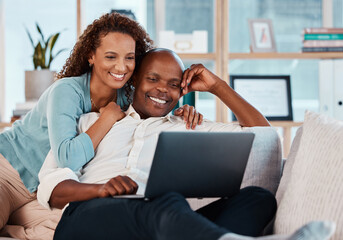 Poster - Laptop, relax and a couple watching a movie on a sofa in the living room of their home together for entertainment. Computer, video or streaming with a man and woman enjoying a series while bonding