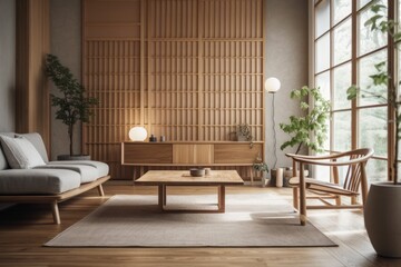 Poster - Japanese living room, architect interior designer idea. Wooden dresser with wall mockup. Generative AI