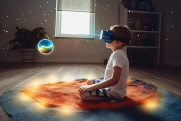 Smart little boy wearing virtual reality headset and looking at our digitally generated solar system with sun and planets. Space Exploration with AR Glasses. 