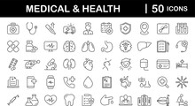 Medicine And Health Set Of Web Icons In Line Style. Medical Icons For Web And Mobile App. Medicine And Health Care Symbols. Emergency, Medical Equipment, RX, MRI, Doctor, Lab, Virus, Prescription