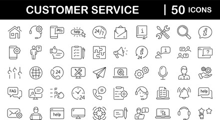 Fototapete - Customer service set of web icons in line style. Help and support. Support and service icons for web and mobile app. Online help, assistance, customer, 24 hrs, service and more. Vector illustration