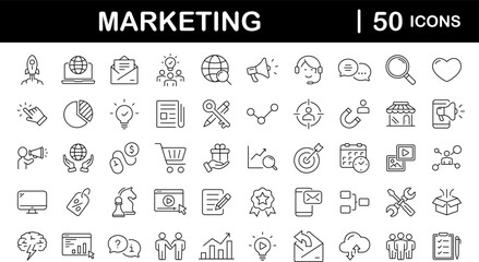 Poster - Digital Marketing set of web icons in line style. Marketing icons for web and mobile app. Sales, e-commerce, SEO, business, feedback, analytics, ads, communication, content. Vector illustration
