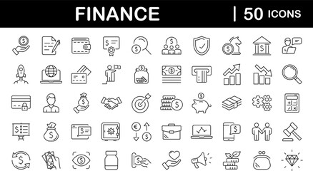 Finance set of web icons in line style. Money and Payment icons for web and mobile app. Money, payments, financial report, pay, banking, business, coin and more. Vector illustration