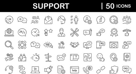 Fototapete - Customer Service and Support set of web icons in line style. Support and Help icons for web and mobile app. Online assistance, email, customer service, contact, help, helpdesk, feedback, 24 hrs