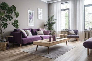 Wall Mural - Contemporary white and violet timber living room. Fabric couch, parquet floor, window, and decors. Japanese interiors. Generative AI