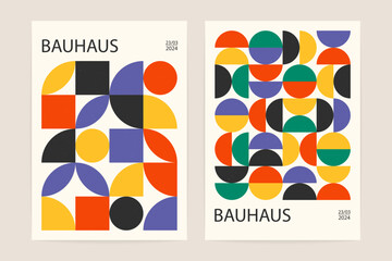 Wall Mural - geometric bauhaus pattern background. abstract circle square shapes, modern minimal swiss poster lay