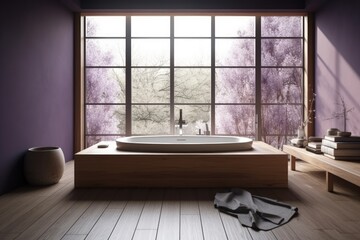 Sticker - Close up of minimalist hardwood bedroom with purple white bathtub. Master bed, parquet, windows, and wallpaper. Japanese interiors. Generative AI