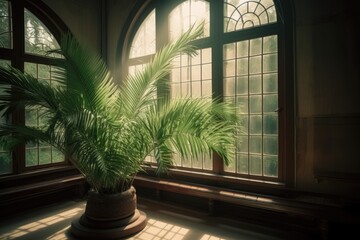 Poster - green potted plant placed on a windowsill with sunlight coming in. Generative AI