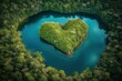 An inspiring aerial view of a heart-shaped blue lake deep within the Amazon rainforest, accentuated by misty lighting and vibrant shades of green and blue, created with generative A.I. technology.