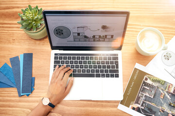 Aufkleber - Architecture, laptop graphic and above hands working on real estate and construction plan. Engineering, building industry closeup and property development with a person writing notes at a cafe
