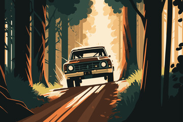 Wall Mural - Retro car in the forest. Vector art. Generative AI technology.