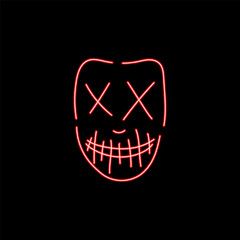 Wall Mural - Neon red zombie mask. Horror character with cross eyes and sewn mouth with fangs for halloween and vector party