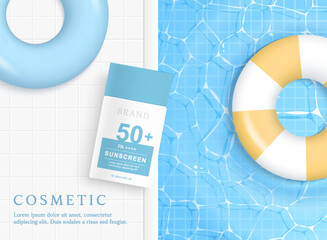 Wall Mural - Sunscreen product ads template on water background with swim ring.