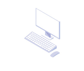 Poster - Desktop computer with monitor. Modern 3d pc with office and home leisure equipment with wireless vector communication