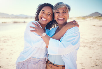 portrait, family and mother with adult daughter hug, happy and bond at beach together, smile and rel