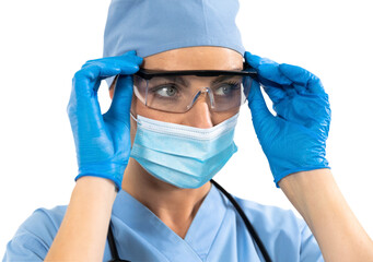 Canvas Print - Mid section of health worker wearing gloves,glasses, and stetoscope against black background