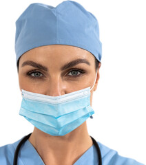 Sticker - Woman health worker wearing an mask and an blouse looking to the camera with black background