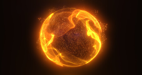 Wall Mural - abstract orange fire energy sphere of particles and waves of magical glowing on a dark background