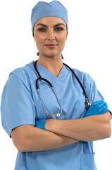 Sticker - Woman health worker wearing gloves and blouse looking at the camera in black background