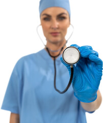 Canvas Print - Mid section of woman health worker wearing gloves and blouse while using stetoscope