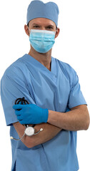 Canvas Print - Mid section of man health worker wearing gloves,mask and stetoscop against black backgroud