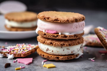 A Ice cream sandwich: a dessert consisting of a layer of ice cream sandwiched between two cookies or wafers Generative AI