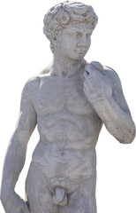 Image of ancient classical style weathered sculpture of naked man on transparent background