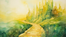 Watercolor Drawing Of Yellow Brick Road Leading To City By AI