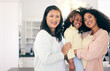 © Charlize D/peopleimages.com - Portrait of family, mother and daughter with child, love and multiracial relationship with happy adoption. Diversity, mom and grandma with girl, women with smile and support in loving home together.