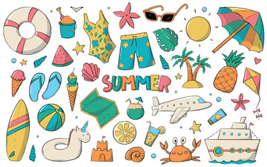 Naklejka na meble Summer doodles collection, cartoon elements, clip art. Good for prints, cards, posters, banners, signs, sublimation, etc. EPS 10