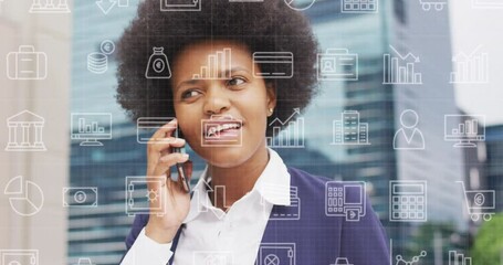 Poster - Animation of data processing over african american businesswoman using smartphone