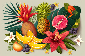  Assortment of tropical fruits with palm leaves and exotic flowers. Generative ai.
