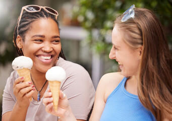 Poster - Friends eating ice cream, happiness and dessert outdoor, travel with freedom, snack and smile while on holiday. Diversity, happy and eat gelato, summer and together with women bonding in Italy