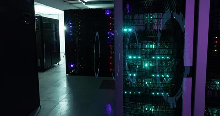 Poster - animation of moving circles forming tunnel over illuminated server room in background