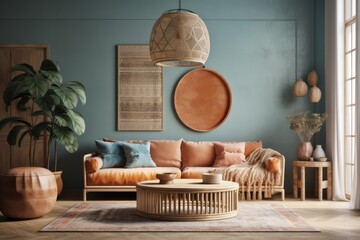 Sticker - Boho living room. Empty wall mockup. Wall art, backdrop,. Generative AI