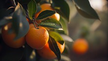 Orange Garden With Ripening Orange Fruits On The Trees With Green Leaves, Natural And Food Background