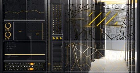 Poster - Animation of graph, loading circles and bars, lines, navigation pattern over server room