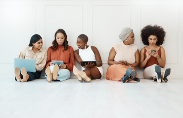 Poster - Group, business and women on the floor, technology or focus for connection, social media or planning. Female employees, coworkers or staff on ground against a wall, office or device for data analysis