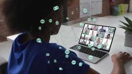 Poster - Animation of icons and data processing over african american businesswoman on laptop video call