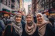 Portrait of three muslim young women wearing brown hijab and smiling and looking at camera in new york city streets. Inclusion concept. Generative AI.
