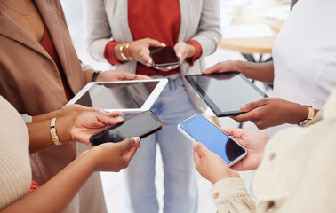 Poster - Collaboration, technology and networking with a team of business people in a huddle to share information. Group, data and communication with colleagues standing in a circle in the office at work