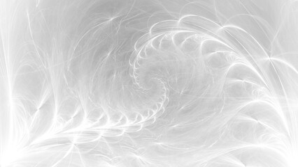 Wall Mural - White abstract ethereal wispy smoke tendrils wallpaper background. Elegant minimal subtle light grey glowing smoky nautilus spiral swirls banner backdrop. Ghostly cosmic strings fractal 3D rendering.