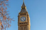 Fototapeta Londyn - Close up of Big Ben against a blue sky in warm sunshine